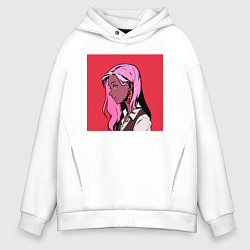 Толстовка оверсайз мужская Девушка с розовыми волосами и рубиновыми глазами, цвет: белый