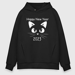 Толстовка оверсайз мужская С новым 2023 годом котик, цвет: черный