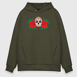 Толстовка оверсайз мужская Мексиканский череп и розы, цвет: хаки