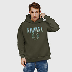 Толстовка оверсайз мужская Nirvana - смайлик, цвет: хаки — фото 2