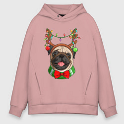 Толстовка оверсайз мужская Новогодний мопс, цвет: пыльно-розовый