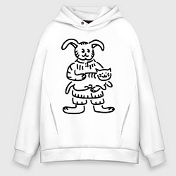 Толстовка оверсайз мужская Кролик гладит кота, цвет: белый