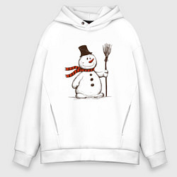 Толстовка оверсайз мужская Новогодний снеговик с метлой, цвет: белый