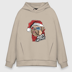 Толстовка оверсайз мужская Pug merry christmas, цвет: миндальный