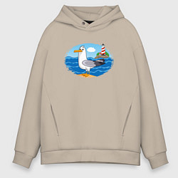 Толстовка оверсайз мужская Мультяшная чайка на фоне маяка, цвет: миндальный