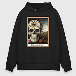 Толстовка оверсайз мужская Memento Mori, череп, часы и цветы, в рамке, цвет: черный