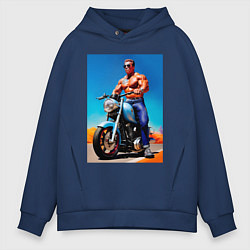 Толстовка оверсайз мужская Arnold Schwarzenegger on a motorcycle -neural netw, цвет: тёмно-синий