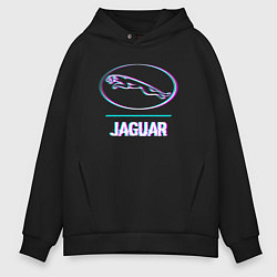 Толстовка оверсайз мужская Значок Jaguar в стиле glitch, цвет: черный