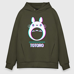 Толстовка оверсайз мужская Символ Totoro в стиле glitch, цвет: хаки