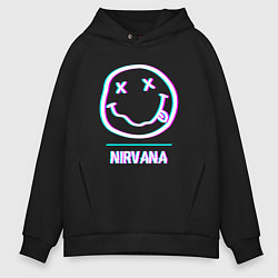 Толстовка оверсайз мужская Nirvana glitch rock, цвет: черный