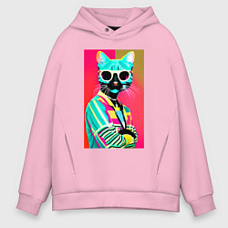 Толстовка оверсайз мужская Cat in sunglasses - pop art, цвет: светло-розовый