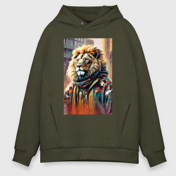 Толстовка оверсайз мужская Лев в драной куртке - хиппи, цвет: хаки