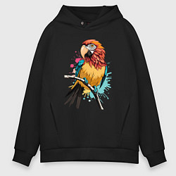 Толстовка оверсайз мужская Акварельный попугай, цвет: черный