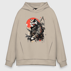 Толстовка оверсайз мужская Японский самурай - кот, цвет: миндальный