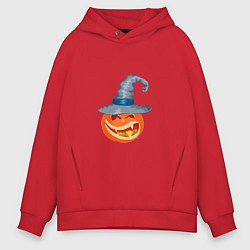 Толстовка оверсайз мужская Тыква на Хэллоуин в шляпе с конфетами, цвет: красный