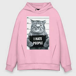 Толстовка оверсайз мужская Кот преступник уголовник с табличкой, цвет: светло-розовый