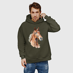 Толстовка оверсайз мужская Акварельная коричневая лошадь, цвет: хаки — фото 2