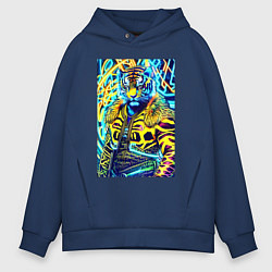 Толстовка оверсайз мужская Neon tiger - pop art - neural network, цвет: тёмно-синий