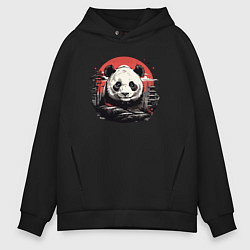 Толстовка оверсайз мужская Панда с красным солнцем, цвет: черный