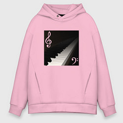 Толстовка оверсайз мужская Скрипичный и басовый ключи с клавиатурой фортепиан, цвет: светло-розовый