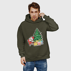 Толстовка оверсайз мужская Котик Дед Мороз, цвет: хаки — фото 2