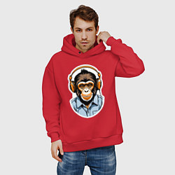 Толстовка оверсайз мужская Портрет обезьяны в наушниках, цвет: красный — фото 2