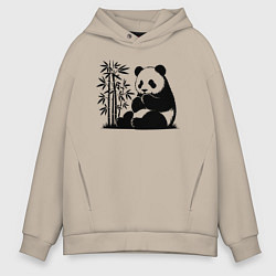 Мужское худи оверсайз Сидящая чёрная панда рядом с бамбуком