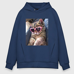 Толстовка оверсайз мужская Милый мем-кот в очках в стиле аниме, цвет: тёмно-синий