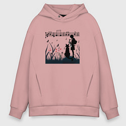 Мужское худи оверсайз Девушка и кот или музыка для души