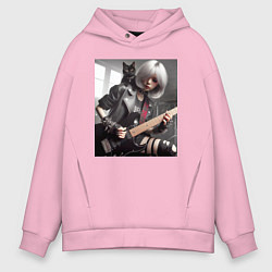 Толстовка оверсайз мужская Девчонка рок гитарист с чёрным котом, цвет: светло-розовый