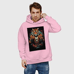 Толстовка оверсайз мужская Муай Тай тигр в стойке, цвет: светло-розовый — фото 2