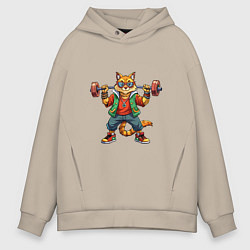 Толстовка оверсайз мужская Крутой рыжий кото держит гантель, цвет: миндальный