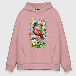 Толстовка оверсайз мужская Расписной овсянковый кардинал, цвет: пыльно-розовый