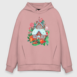 Толстовка оверсайз мужская Пряничный домик со сладостями и фруктами, цвет: пыльно-розовый