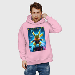 Толстовка оверсайз мужская Cyber Pikachu - neon glow ai art, цвет: светло-розовый — фото 2