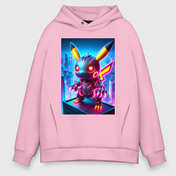 Толстовка оверсайз мужская Ужасный пикачу - нейроарт неоновое свечение, цвет: светло-розовый