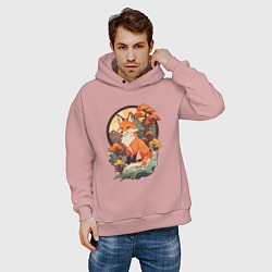 Толстовка оверсайз мужская Лиса в японском стиле на фоне гор, цвет: пыльно-розовый — фото 2