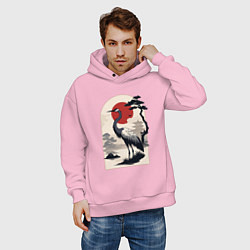 Толстовка оверсайз мужская Журавль и солнце в японском стиле, цвет: светло-розовый — фото 2