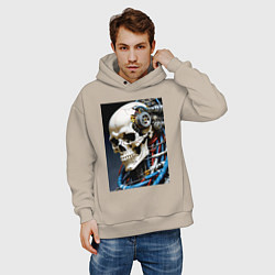 Толстовка оверсайз мужская Кибер череп - нейроарт фантазия, цвет: миндальный — фото 2