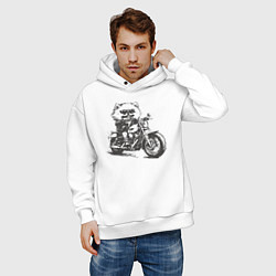 Толстовка оверсайз мужская Шпиц байкер на мотоцикле на чоппере, цвет: белый — фото 2