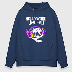 Толстовка оверсайз мужская Hollywood Undead - неоновый череп, цвет: тёмно-синий