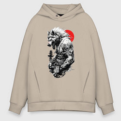 Толстовка оверсайз мужская Волк воин - японская гравюра, цвет: миндальный