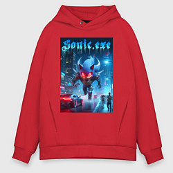 Мужское худи оверсайз Ёжик монстр в ночном мегаполисе - неоновое свечени