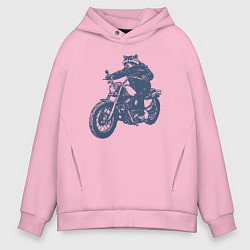 Толстовка оверсайз мужская Енот байкер на мотоцикле на чоппере, цвет: светло-розовый