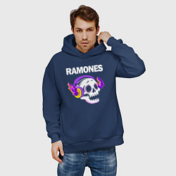 Толстовка оверсайз мужская Ramones - неоновый череп, цвет: тёмно-синий — фото 2