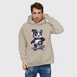 Толстовка оверсайз мужская Cool panda on a skateboard - extreme, цвет: миндальный — фото 2