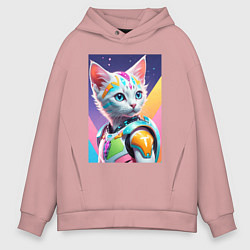 Толстовка оверсайз мужская Котик в стиле киберпанк, цвет: пыльно-розовый