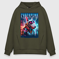 Толстовка оверсайз мужская Dude bull terrier - cyberpunk, цвет: хаки