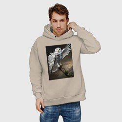 Толстовка оверсайз мужская Белая сова на ветке, цвет: миндальный — фото 2