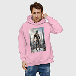 Толстовка оверсайз мужская Инопланетянин в городе будущего, цвет: светло-розовый — фото 2